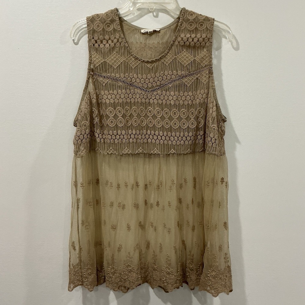 Rebellion Brown Lace Crochet Tank Top Womens Size 3X Boho Sheer Tunic Festival